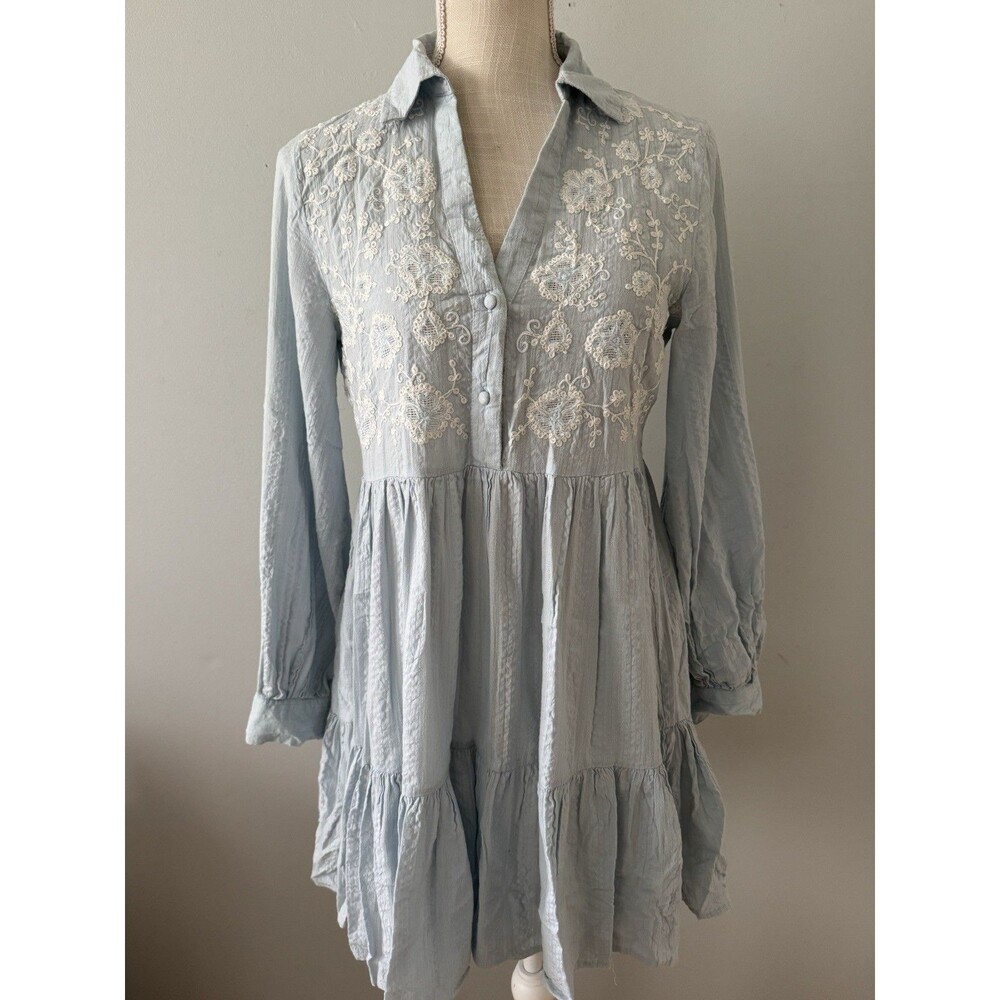 Zara Women’s Long Sleeve Embroidered Mini Dress Light Blue‎ Boho Cottage Sz S